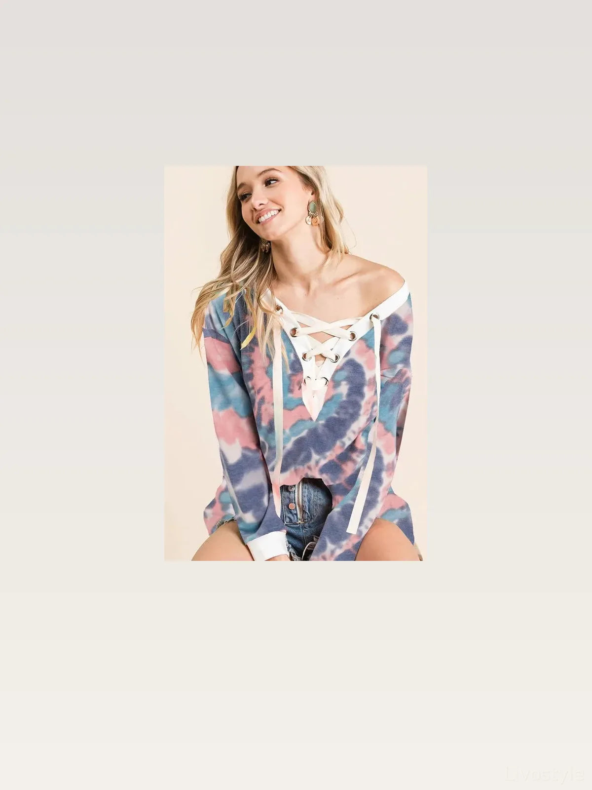 Boho Chic Tie Dye V-neck Top with Stylish Lace-Up Front — styled showcase — Livostyle