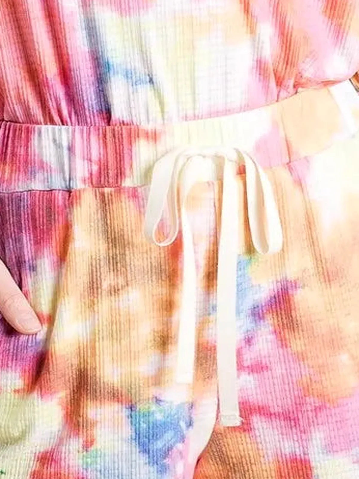 Tie Dye French Terry Casual Shorts in Pink Multi — detail view — Livostyle