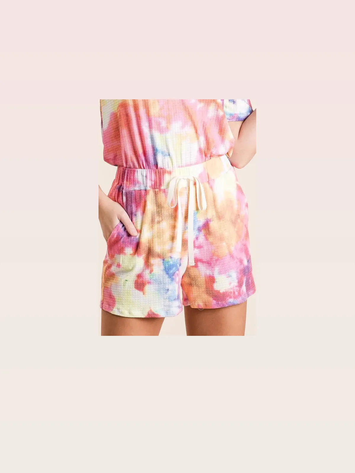 Tie Dye French Terry Casual Shorts in Pink Multi — styled showcase — Livostyle