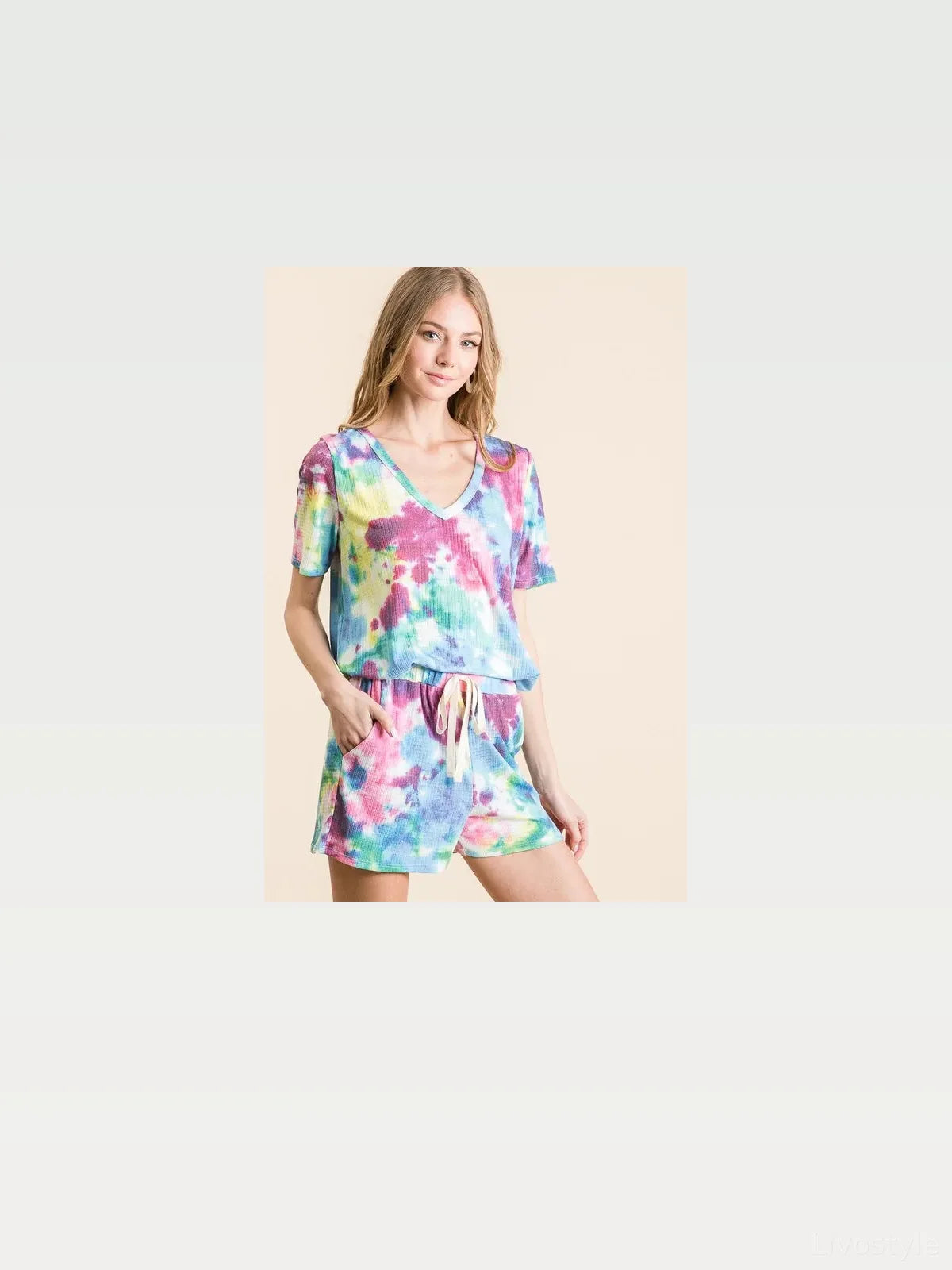 Tie Dye French Terry Casual Shorts in Blue Multi — styled showcase — Livostyle