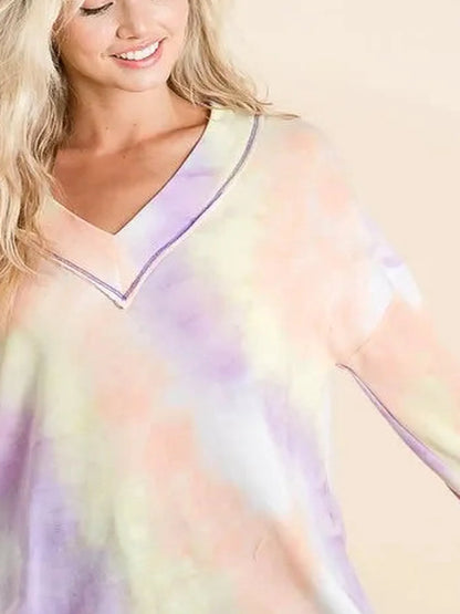 Chic Tie Dye V-neck Top with Puff Sleeves & French Terry Fab — detail view — Livostyle
