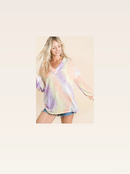 Chic Tie Dye V-neck Top with Puff Sleeves & French Terry Fab — styled showcase — Livostyle