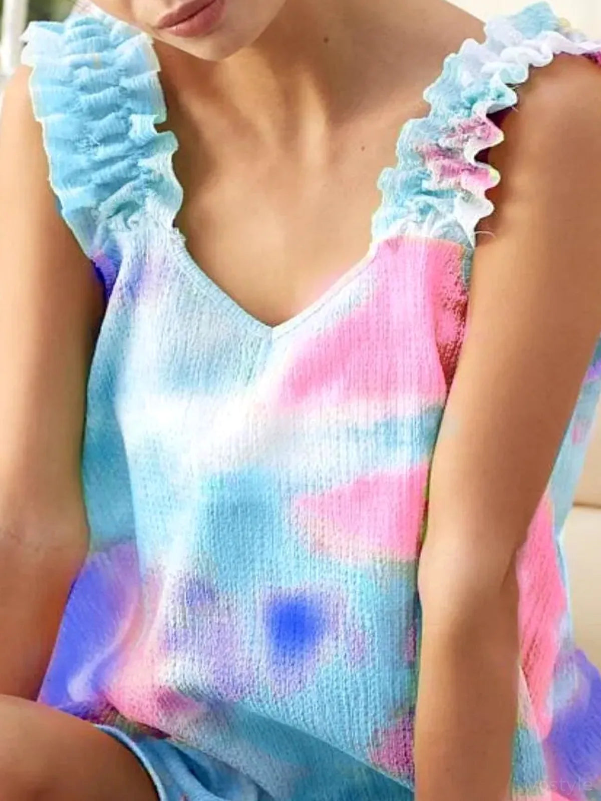 Bohemian-Inspired Tie Dye Textured Top with Ruffle Details — detail view — Livostyle