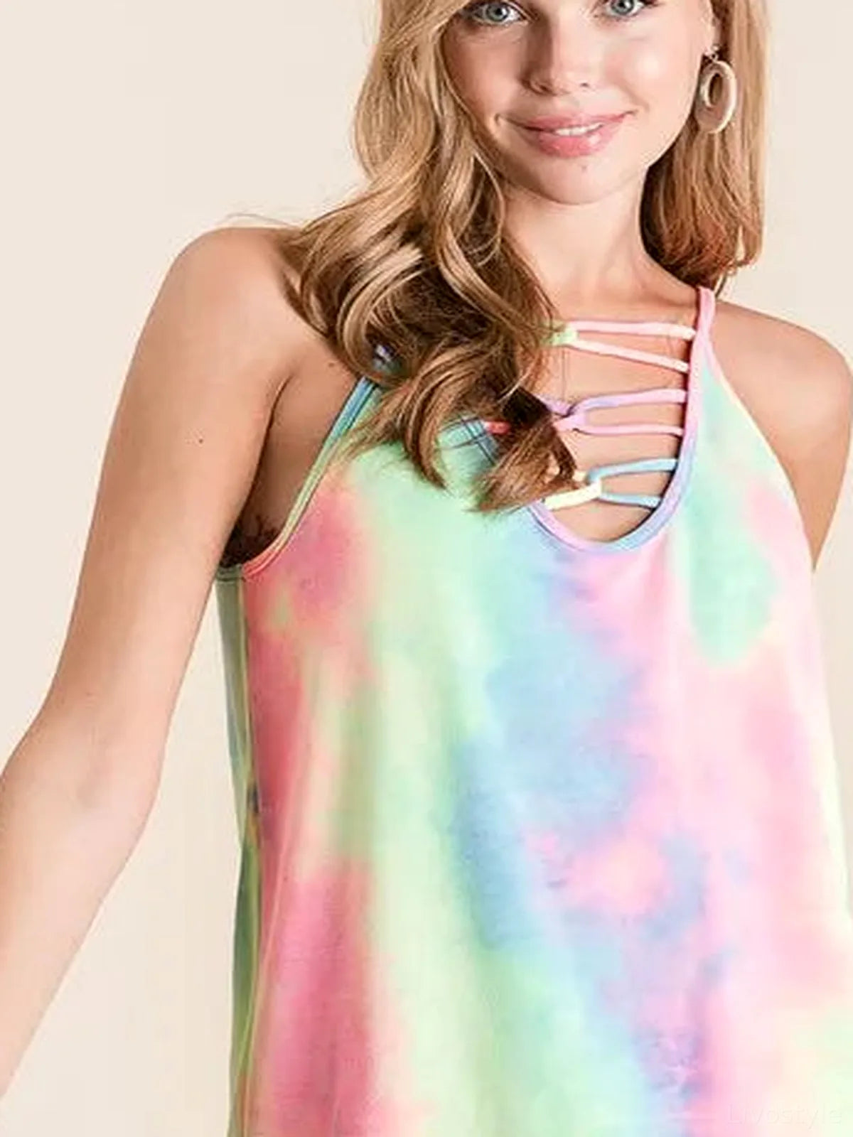 Stylish Tie-Dye Camisole with Caged Neck — detail view — Livostyle