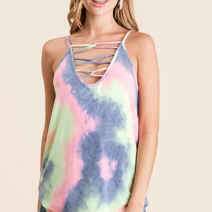 Trendy Summer Tie-Dye Terry Camisole with Unique Caged Neck — square view — Livostyle