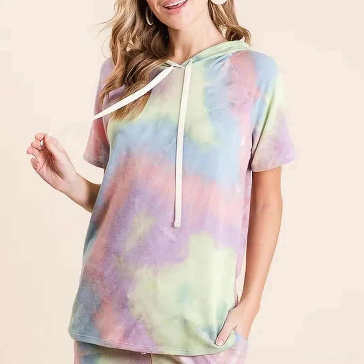 Chic Tie-Dye Drawstring Hoodie in Soft Terry Fabric — square view — Livostyle