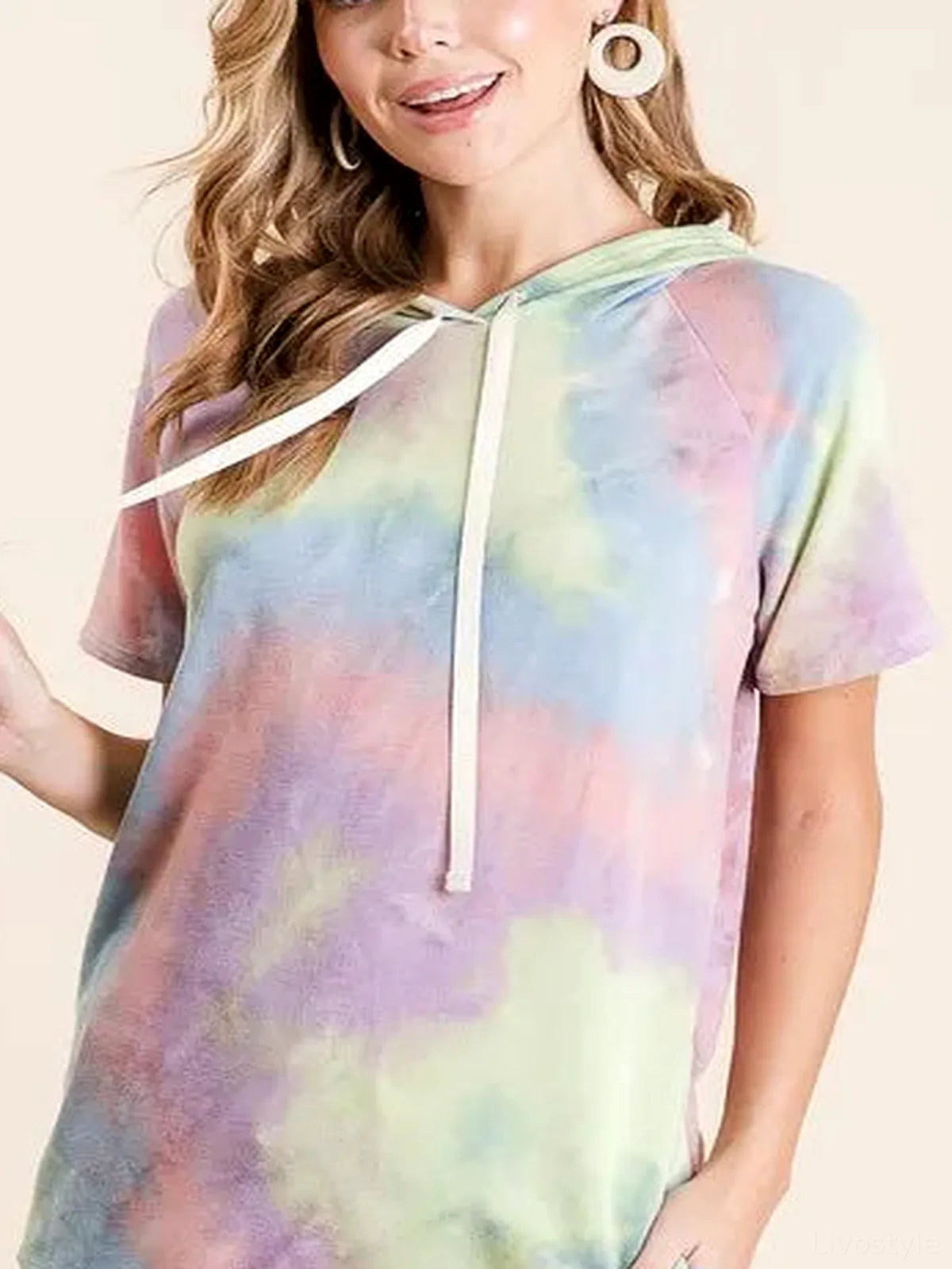Chic Tie-Dye Drawstring Hoodie in Soft Terry Fabric — detail view — Livostyle