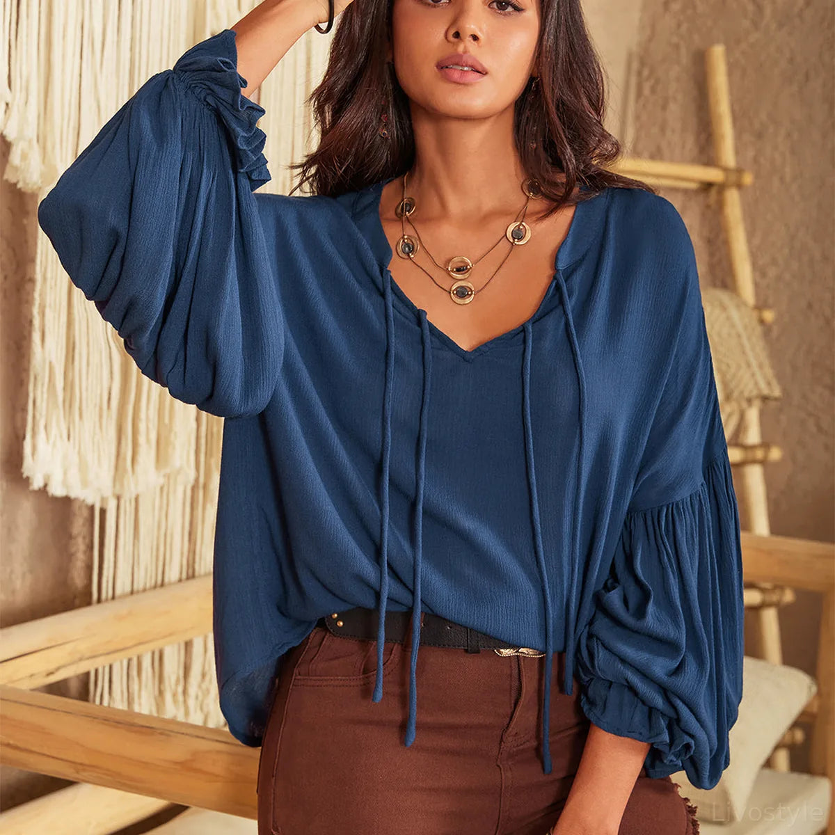 Tie Neck Long Sleeve Blouse — square view — Livostyle