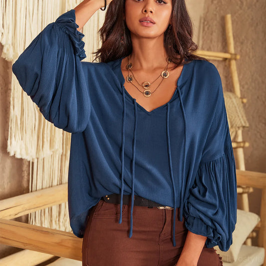 Tie Neck Long Sleeve Blouse — square view — Livostyle