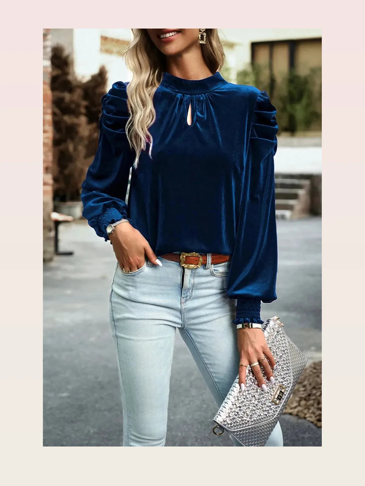 Tie Up Mock Neck Velvet Fabric Long Sleeve Blouse — styled showcase — Livostyle