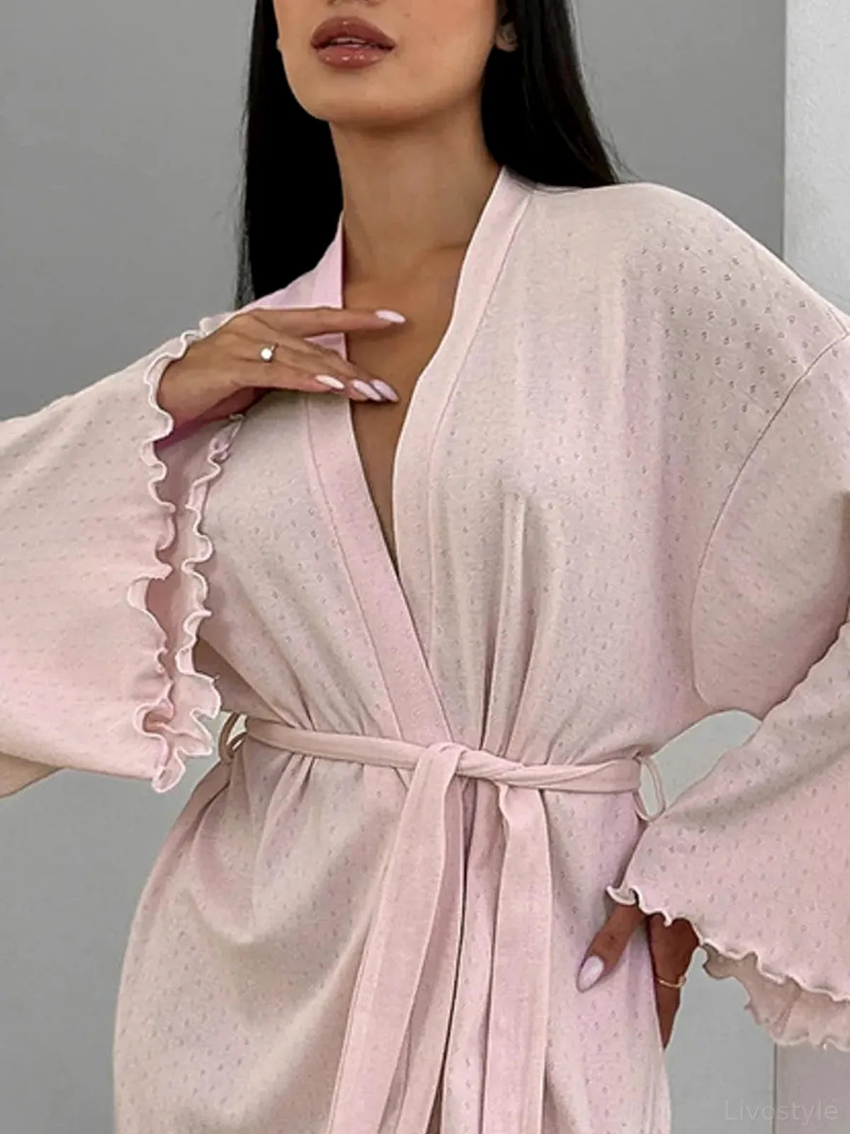 Tie Waist Kimono Sleeve Lounge Nightgown — detail view — Livostyle