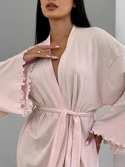 Tie Waist Kimono Sleeve Lounge Nightgown — detail view — Livostyle