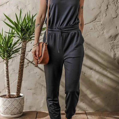 Tie Waist Sleeveless Jogger Jumpsuit — square view — Livostyle