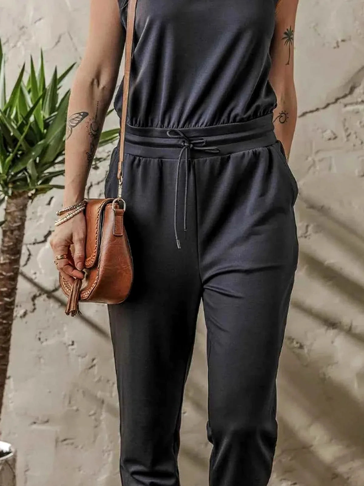 Tie Waist Sleeveless Jogger Jumpsuit — detail view — Livostyle