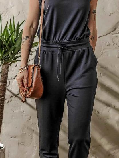 Tie Waist Sleeveless Jogger Jumpsuit — detail view — Livostyle
