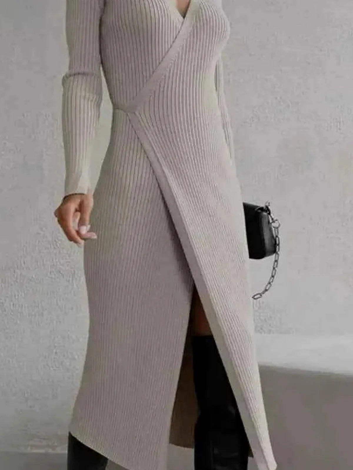 Tied Collared Neck Long Sleeve Sweater Dress — detail view — Livostyle