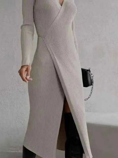 Tied Collared Neck Long Sleeve Sweater Dress — detail view — Livostyle
