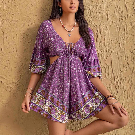 Tied Front Cutout Printed Romper — square view — Livostyle
