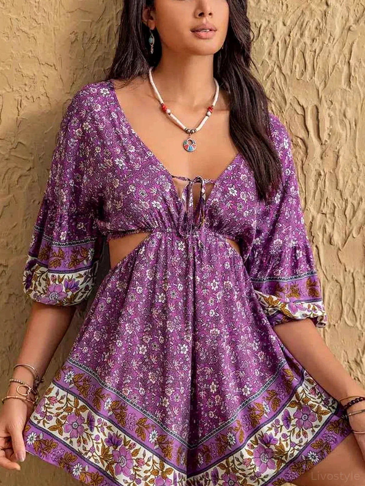 Tied Front Cutout Printed Romper — detail view — Livostyle