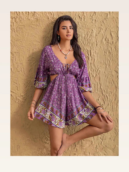 Tied Front Cutout Printed Romper — styled showcase — Livostyle