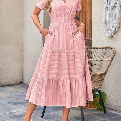 Tiered Notched Short Sleeve Dress — square view — Livostyle