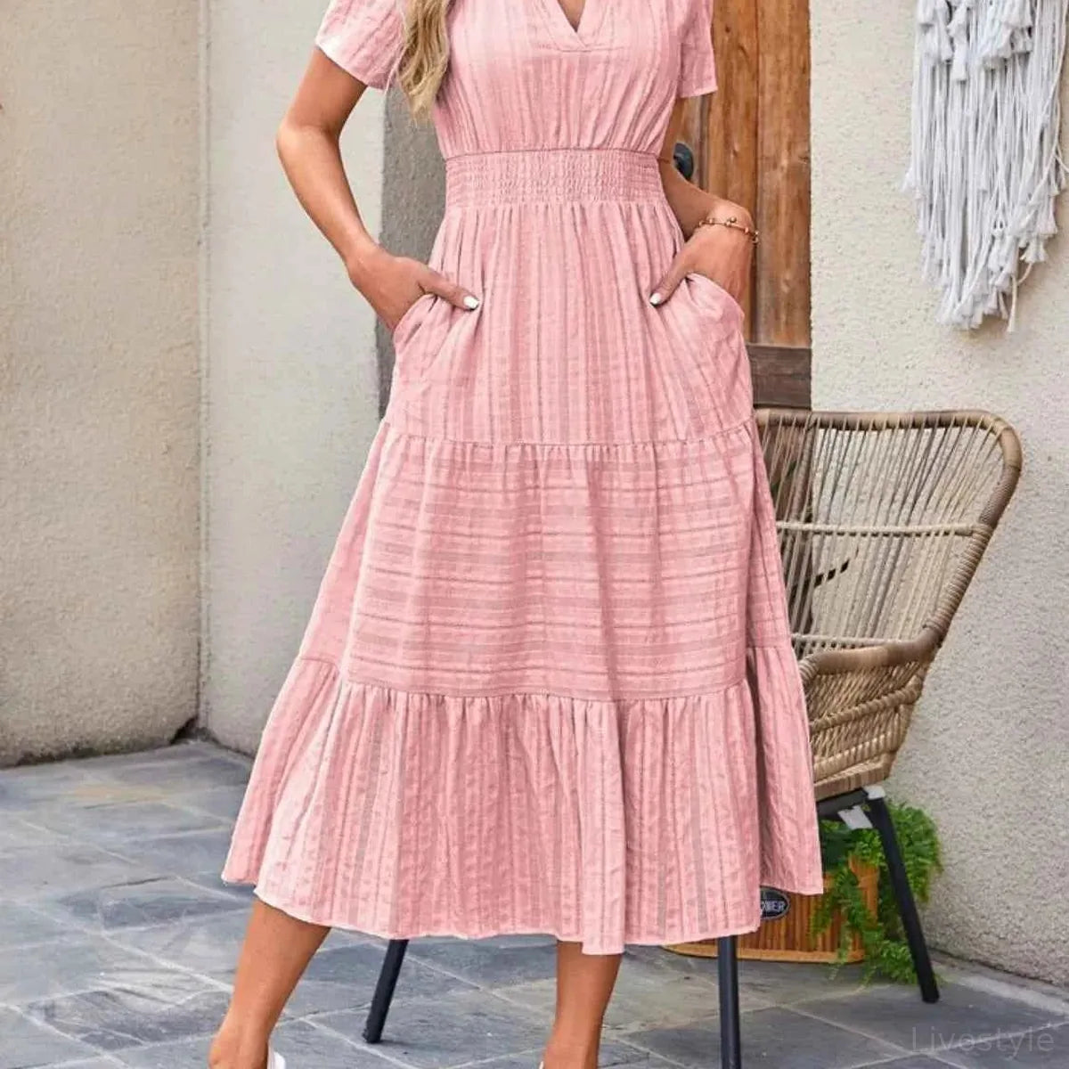 Tiered Notched Short Sleeve Dress — square view — Livostyle