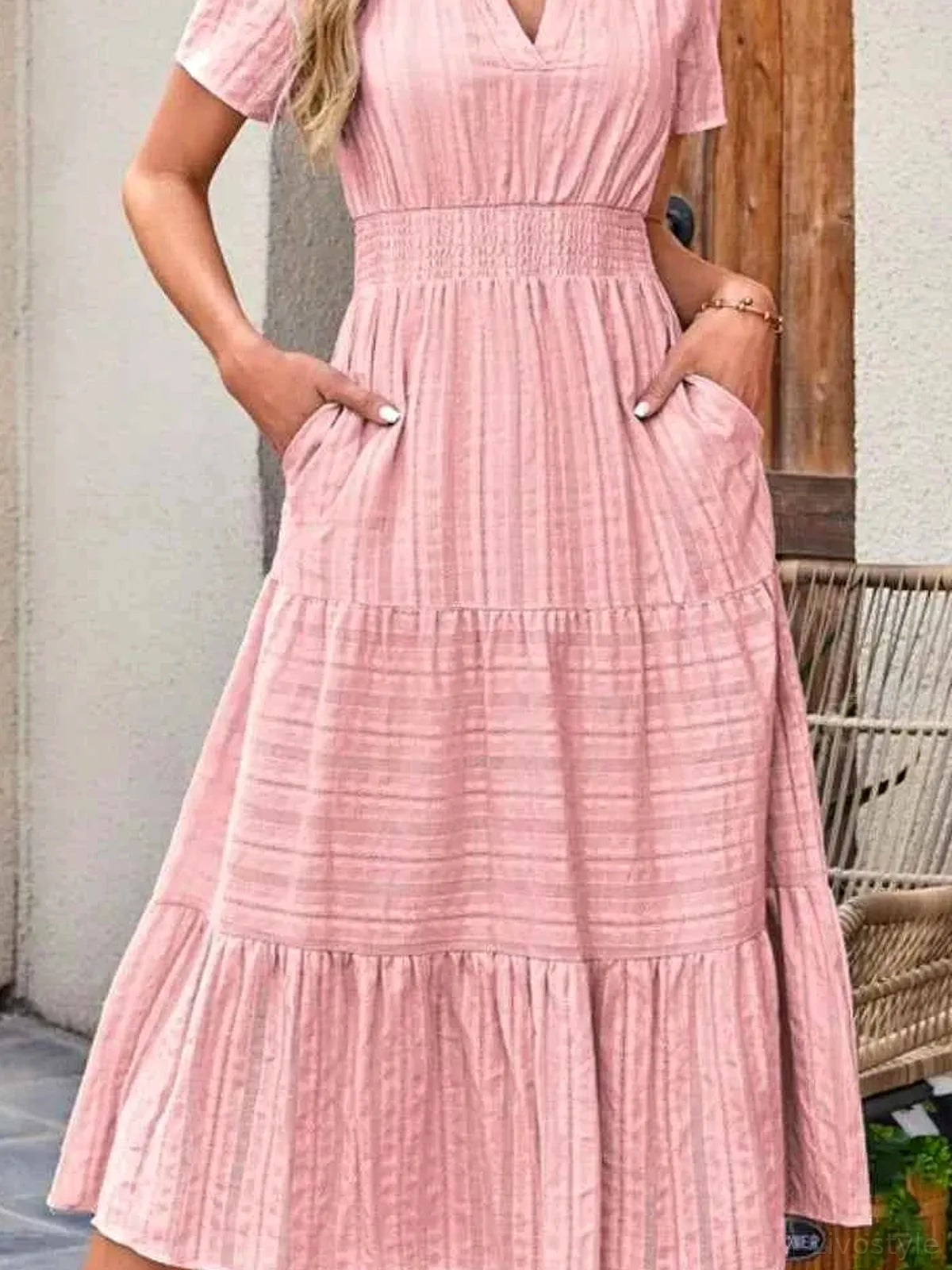 Tiered Notched Short Sleeve Dress — detail view — Livostyle