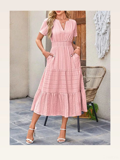 Tiered Notched Short Sleeve Dress — styled showcase — Livostyle