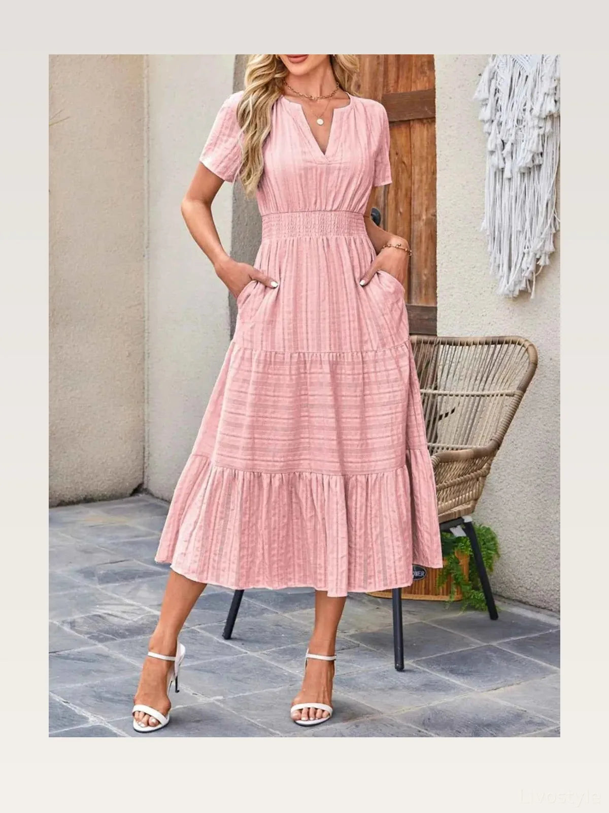 Tiered Notched Short Sleeve Dress — styled showcase — Livostyle