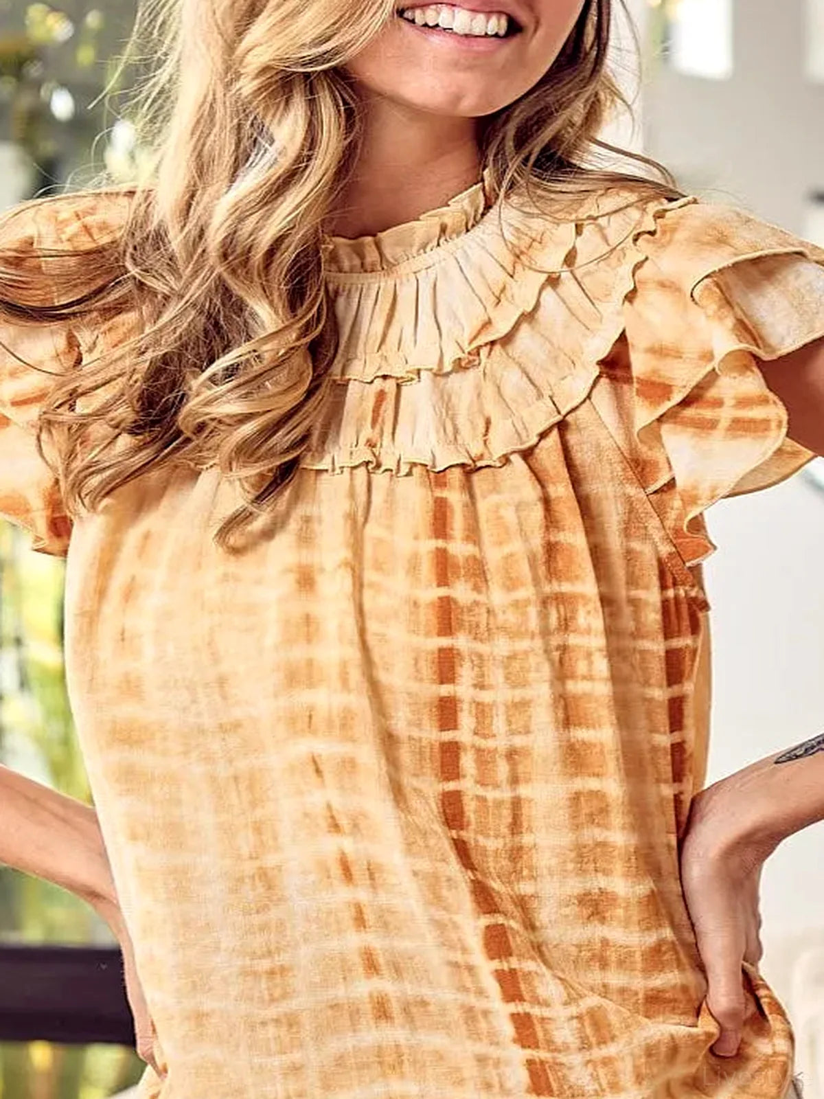 Chic Tiered Ruffle Neck Top in Trendy Tie-Dye Print — detail view — Livostyle