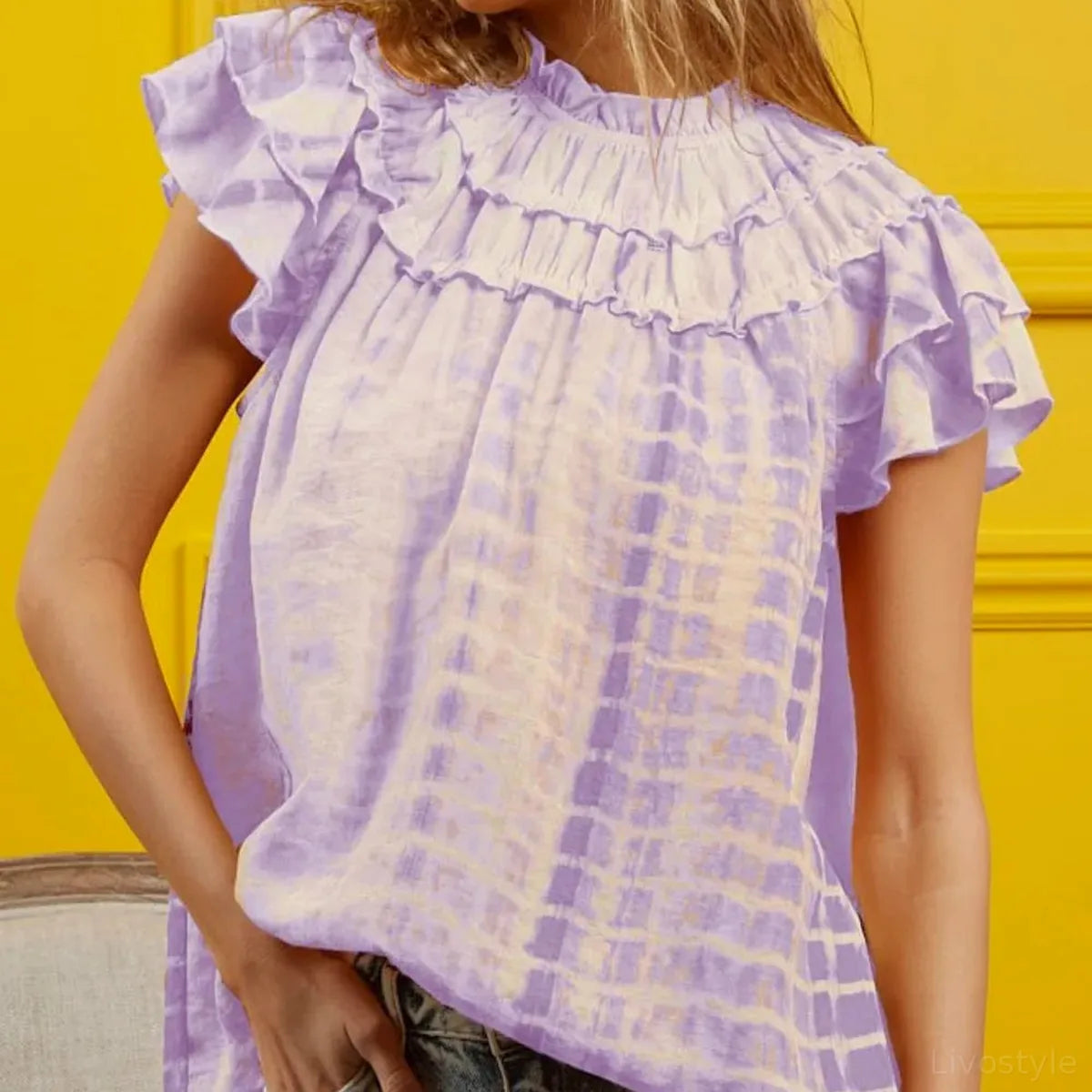Chic Tie-Dye Top with Tiered Ruffle Neck Design — square view — Livostyle