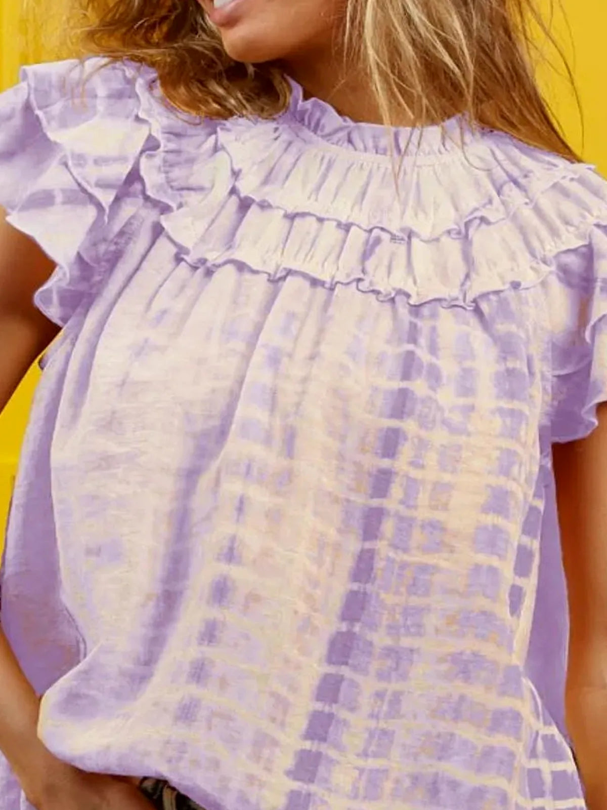 Chic Tie-Dye Top with Tiered Ruffle Neck Design — detail view — Livostyle