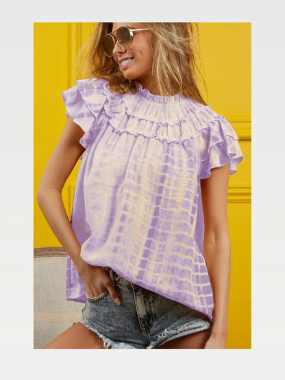 Chic Tie-Dye Top with Tiered Ruffle Neck Design — styled showcase — Livostyle