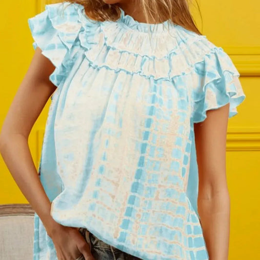 Stylish Tiered Ruffle Neck Tie-Dye Top for Chic Casual Look — square view — Livostyle