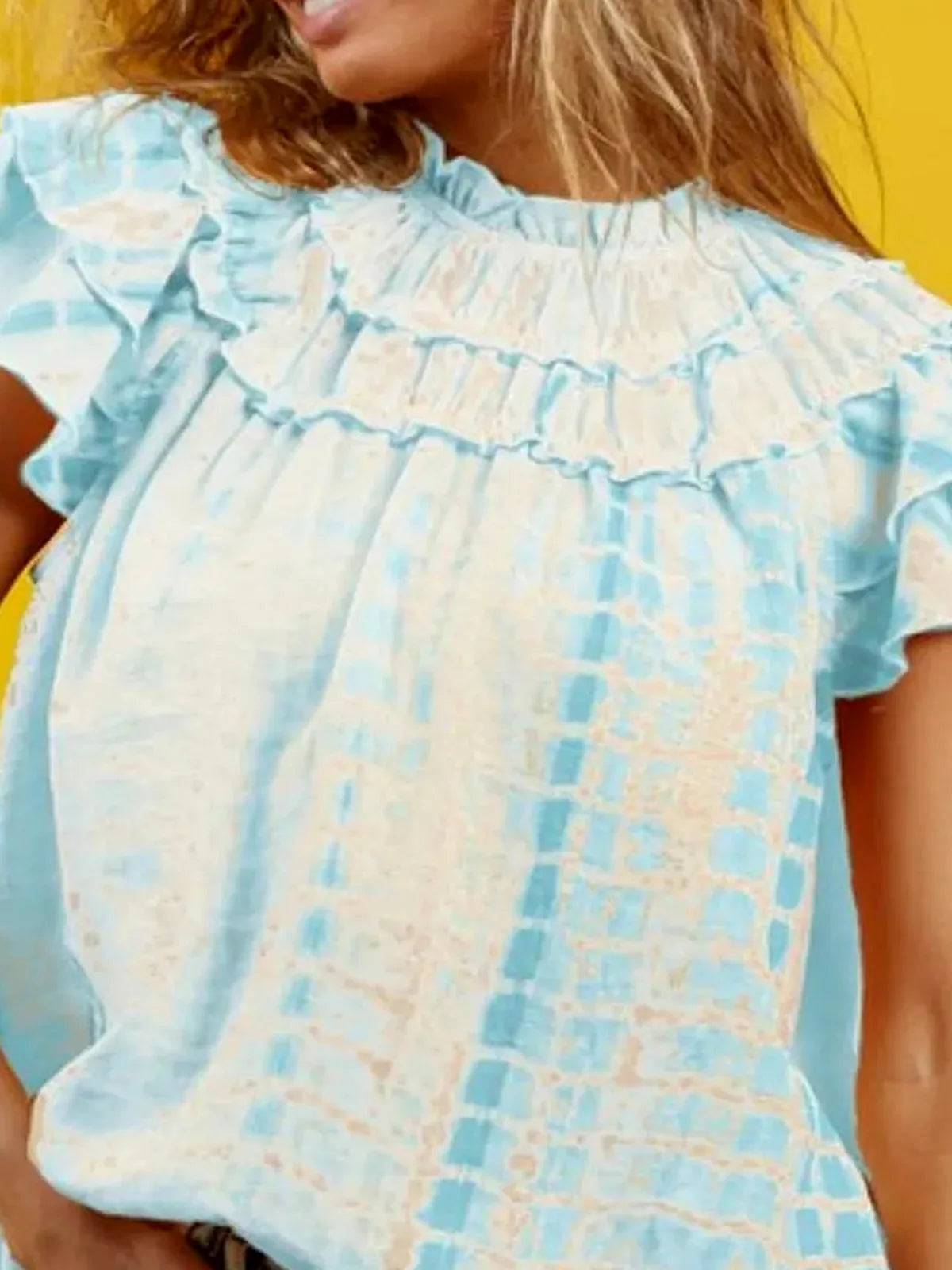 Stylish Tiered Ruffle Neck Tie-Dye Top for Chic Casual Look — detail view — Livostyle