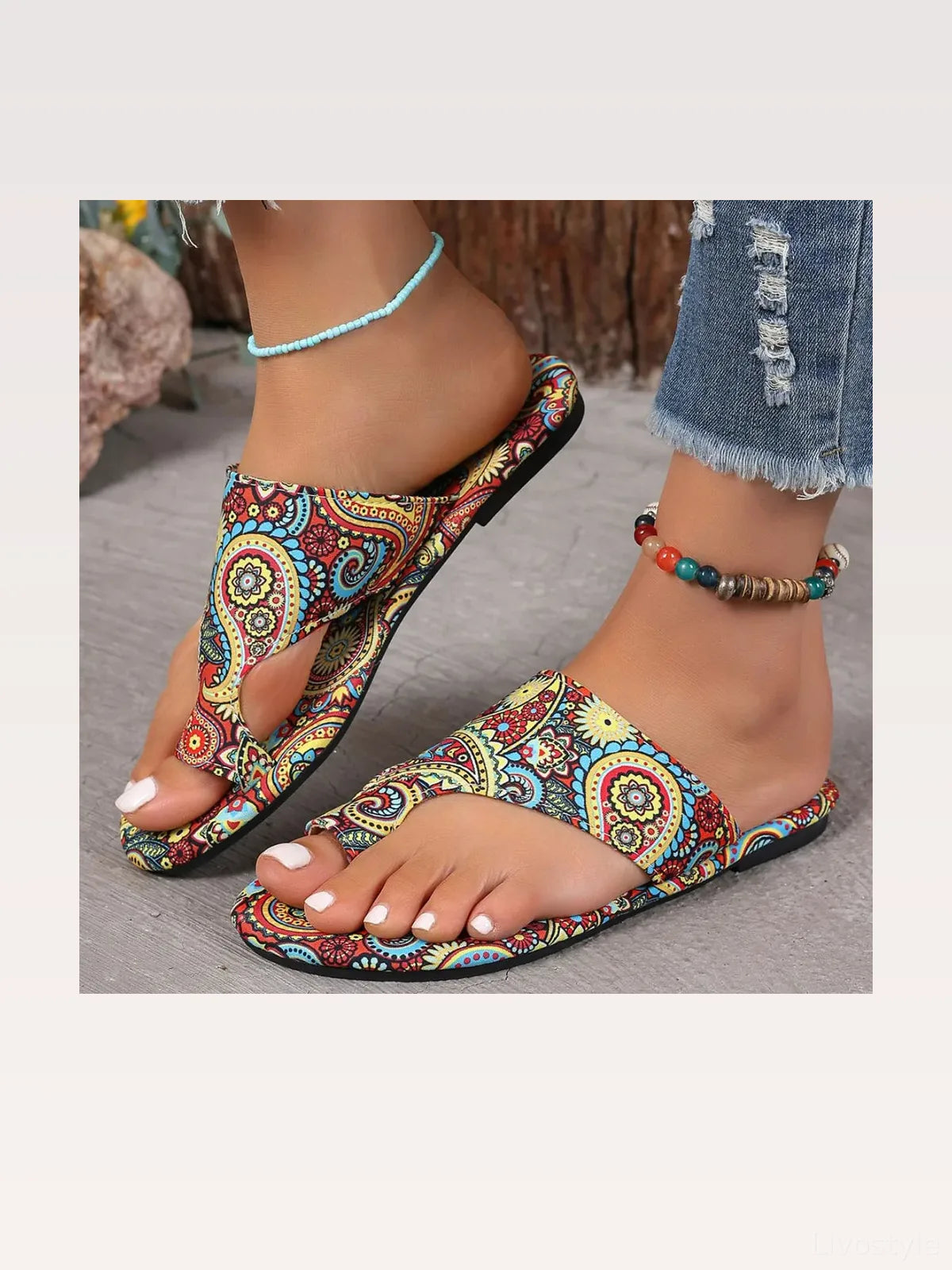 Paisley Print Boho Toe Loop Flat Sandals — styled showcase — Livostyle
