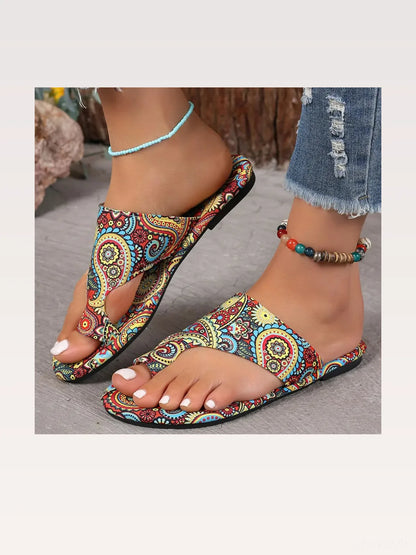 Paisley Print Boho Toe Loop Flat Sandals — styled showcase — Livostyle