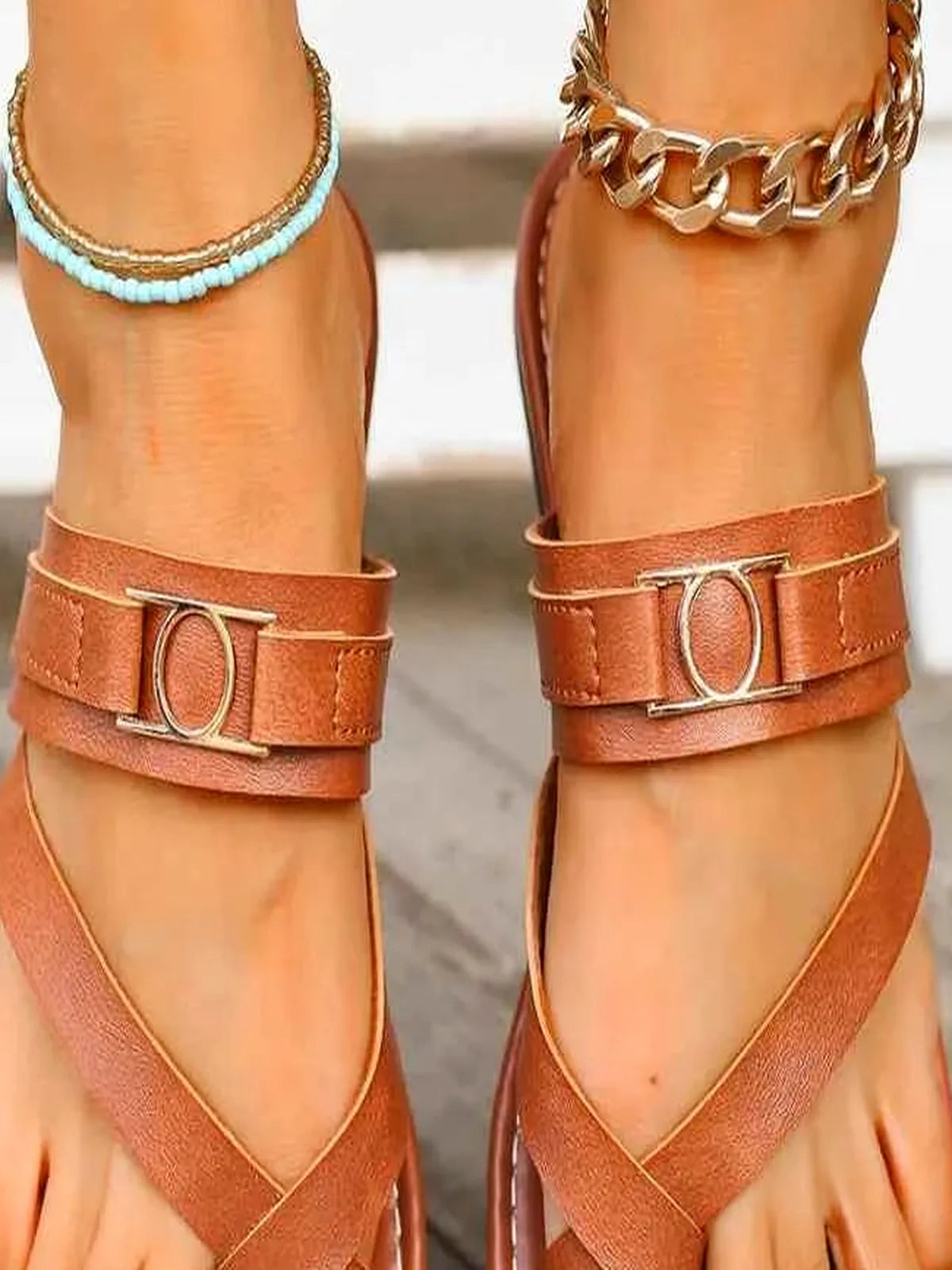 Brown Faux Leather Thong Toe Loop Flat Sandals — detail view — Livostyle
