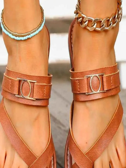Brown Faux Leather Thong Toe Loop Flat Sandals — detail view — Livostyle