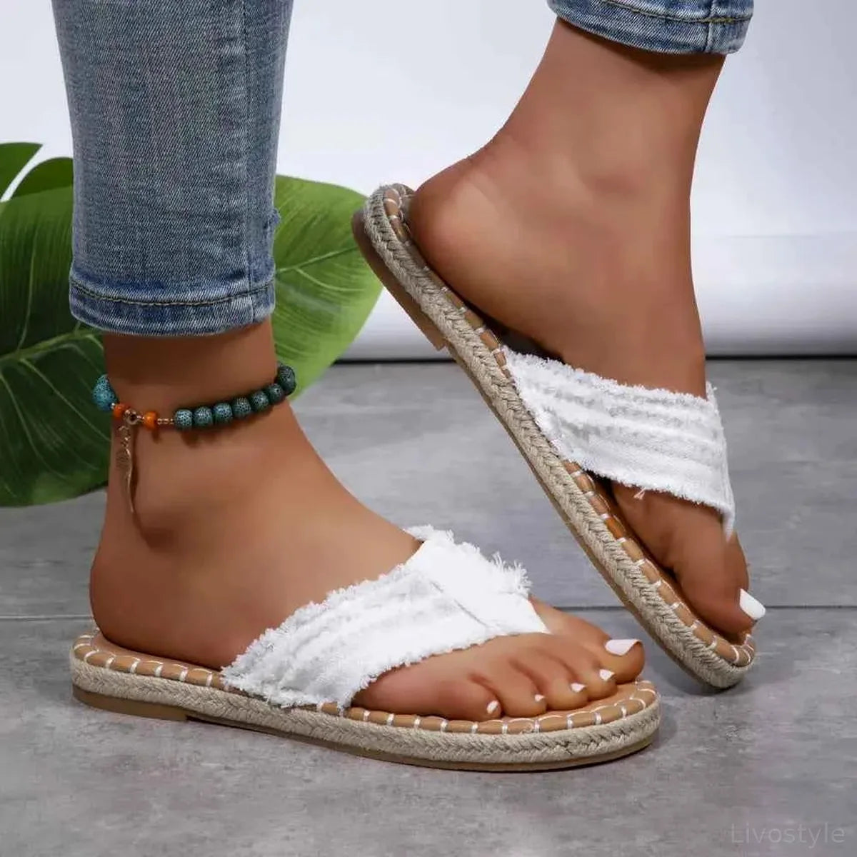 Toe Post Raw Hem Flat Sandals — square view — Livostyle