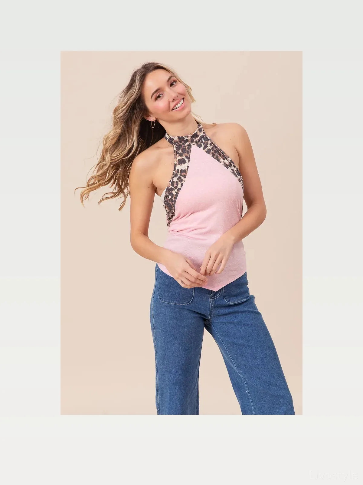 Pink Leopard Print Halter Top with Tie Detail — styled showcase — Livostyle