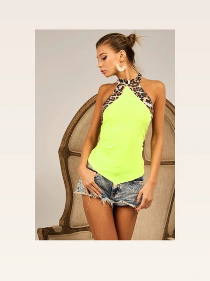 Neon Yellow Leopard Halter Top with Tie Detailing — styled showcase — Livostyle