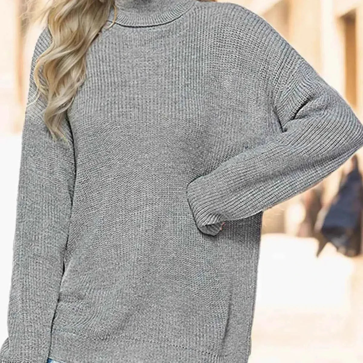 Turtleneck Drop Shoulder Long Sleeve Sweater — square view — Livostyle