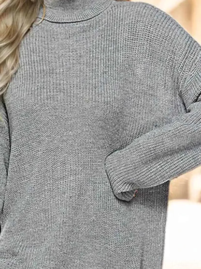 Turtleneck Drop Shoulder Long Sleeve Sweater — detail view — Livostyle