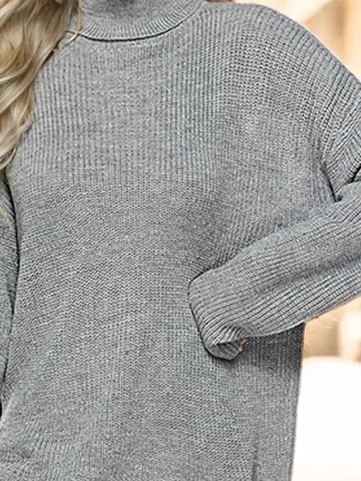 Turtleneck Drop Shoulder Long Sleeve Sweater — detail view — Livostyle