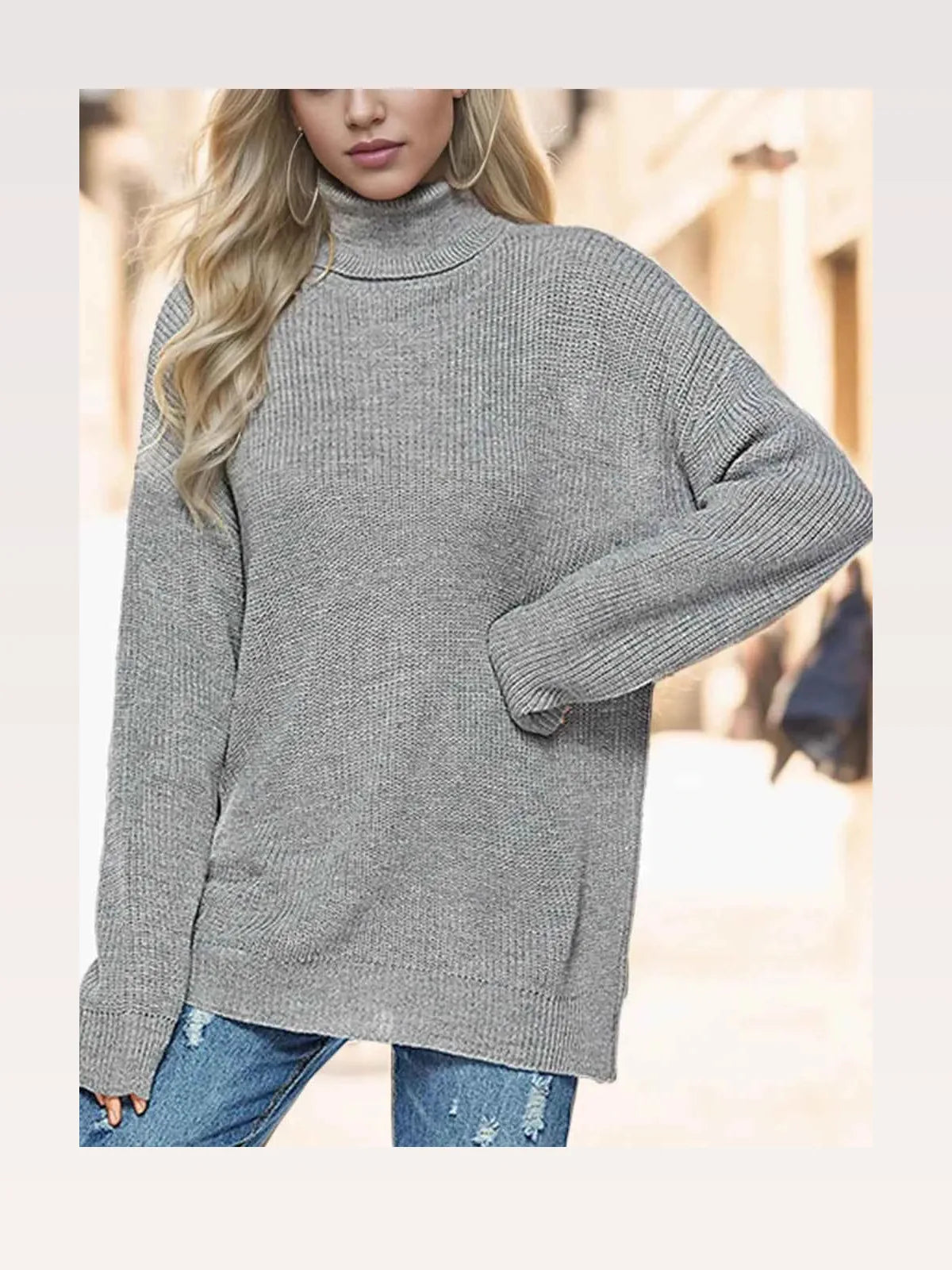 Turtleneck Drop Shoulder Long Sleeve Sweater — styled showcase — Livostyle
