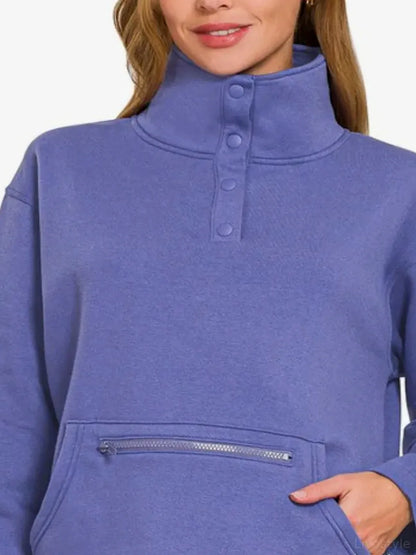 Turtleneck Half Snap Fleece Sweatshirt in Blue Purple — detail view — Livostyle