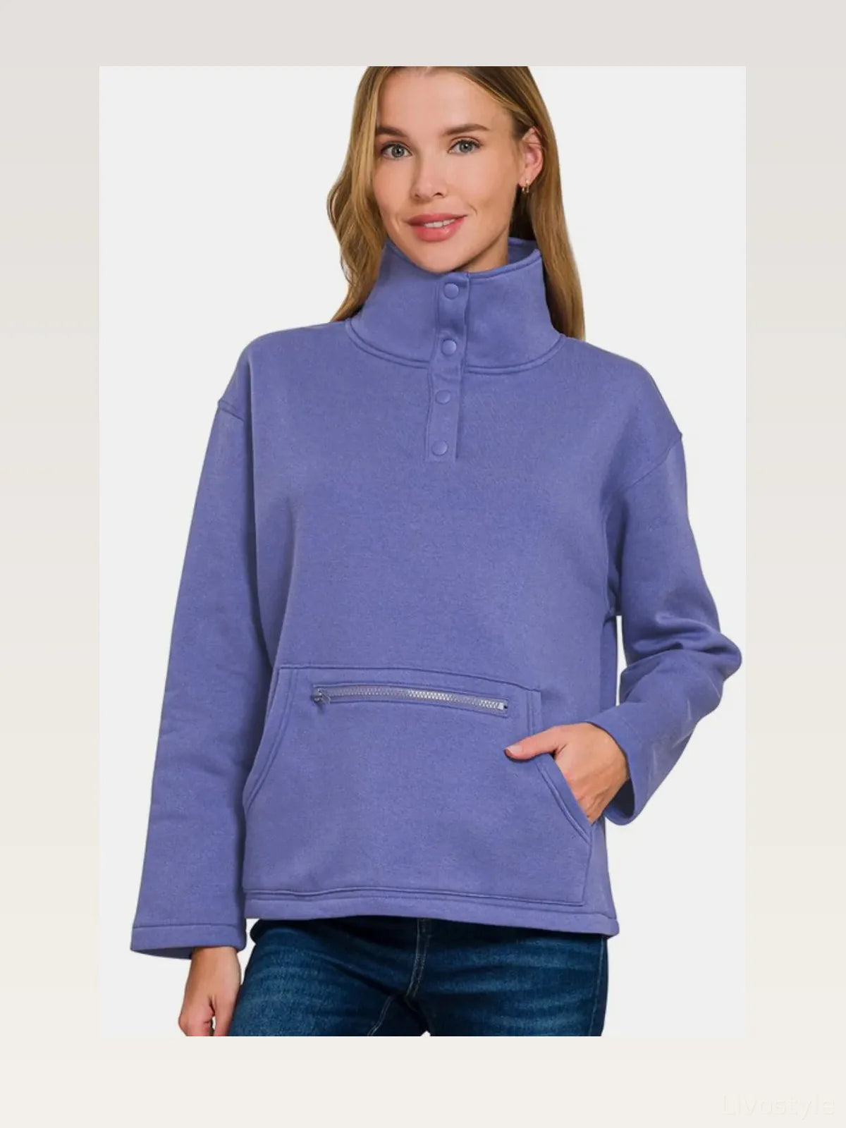 Turtleneck Half Snap Fleece Sweatshirt in Blue Purple — styled showcase — Livostyle