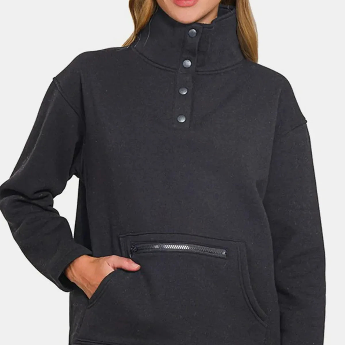 Turtleneck Half Snap Fleece Sweatshirt in Black — square view — Livostyle