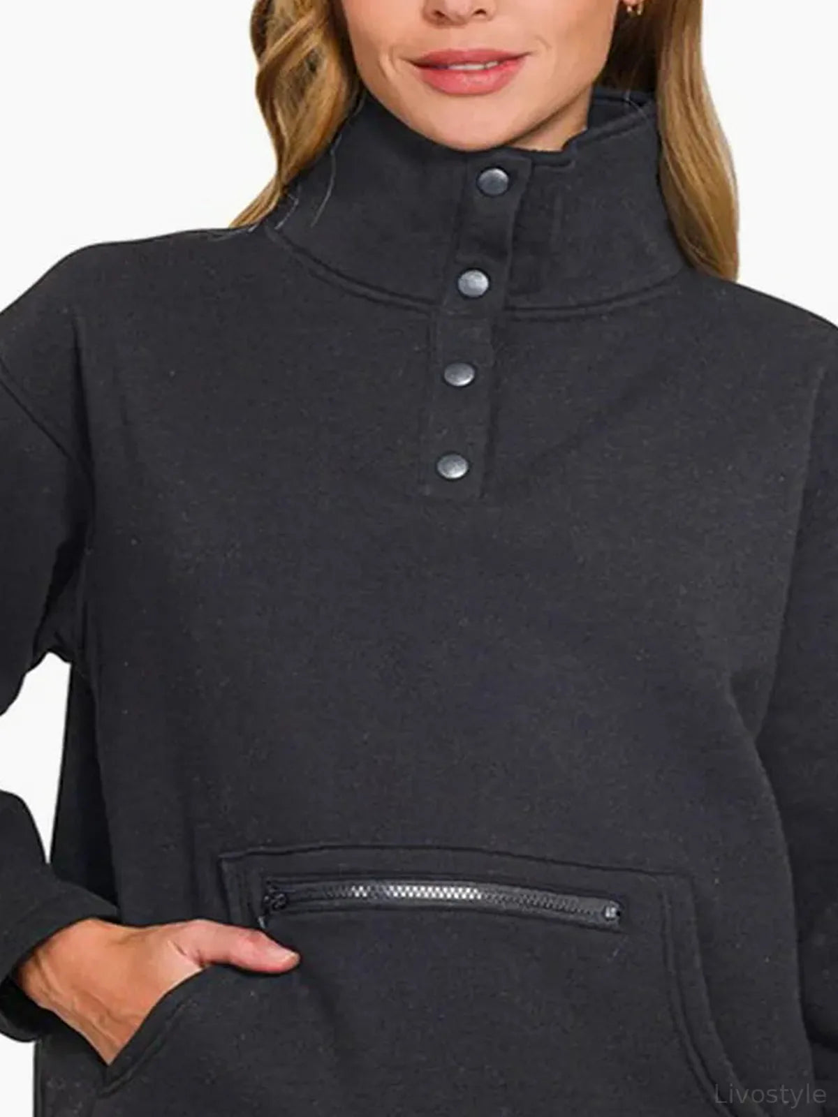 Turtleneck Half Snap Fleece Sweatshirt in Black — detail view — Livostyle